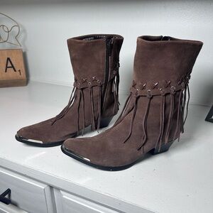 Oak Tree Farms Brown Suede Fringe Ankle Boots Women’s 8.5 Western Boho Side Zip